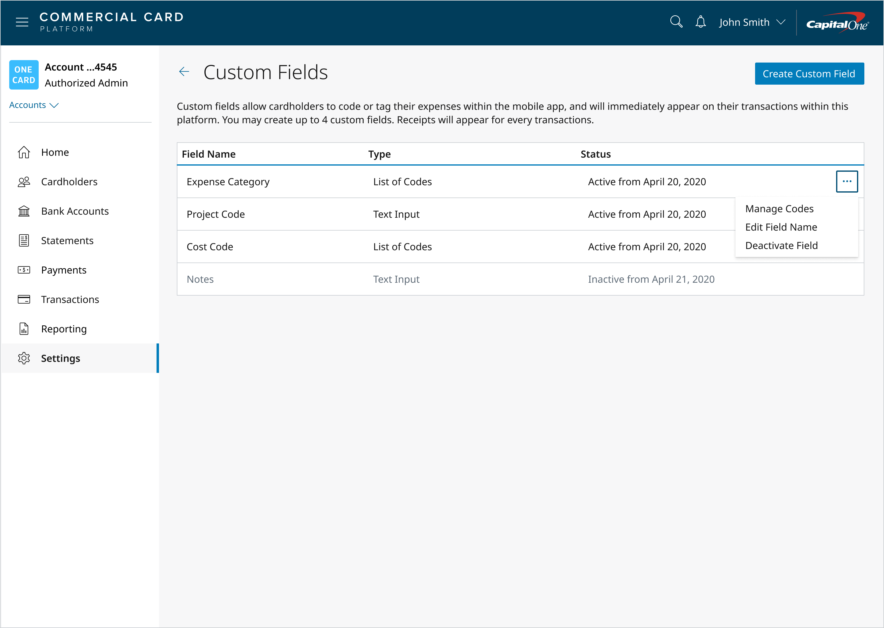 Three active custom fields configured by admin
