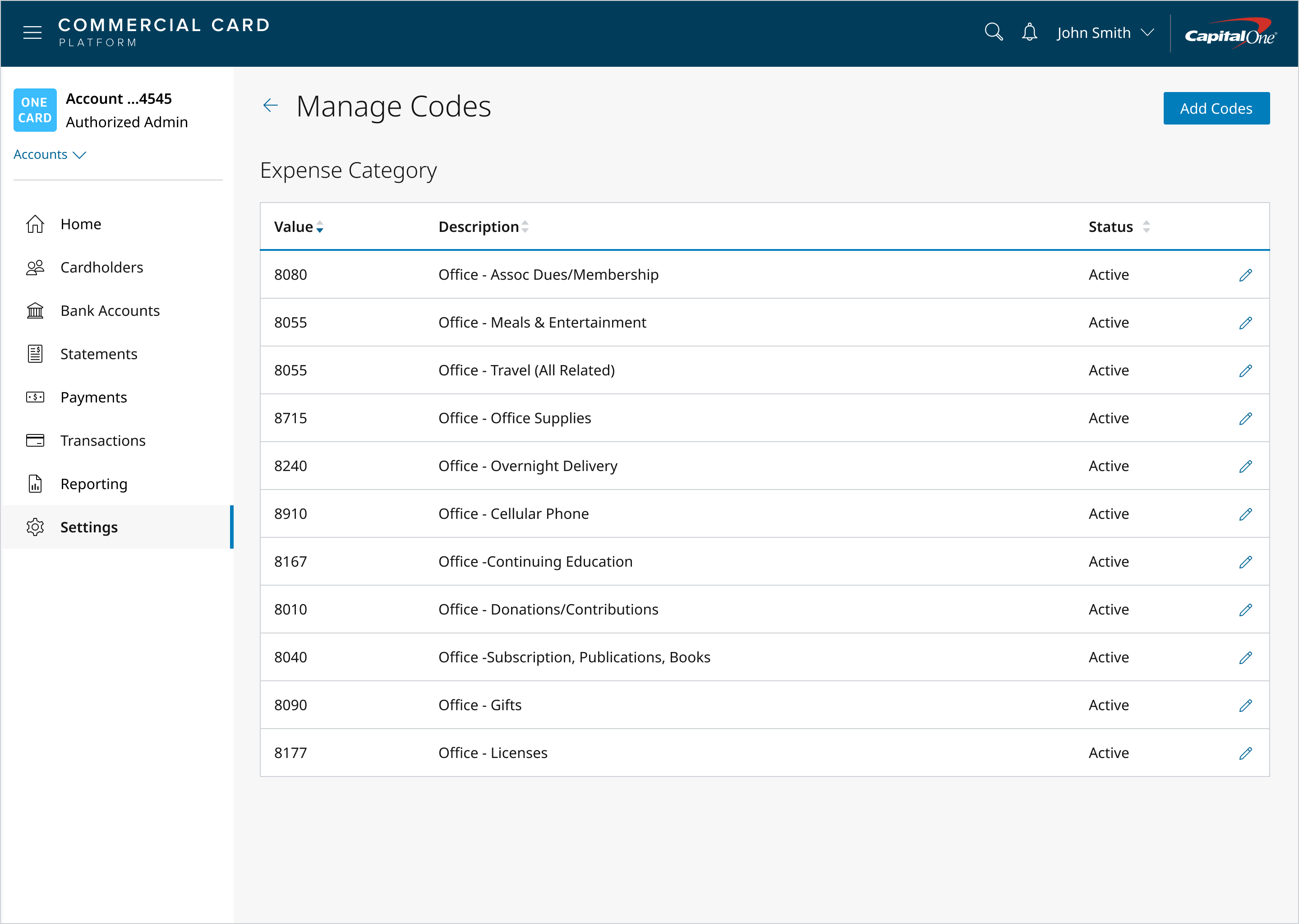 Expense category and GL code management