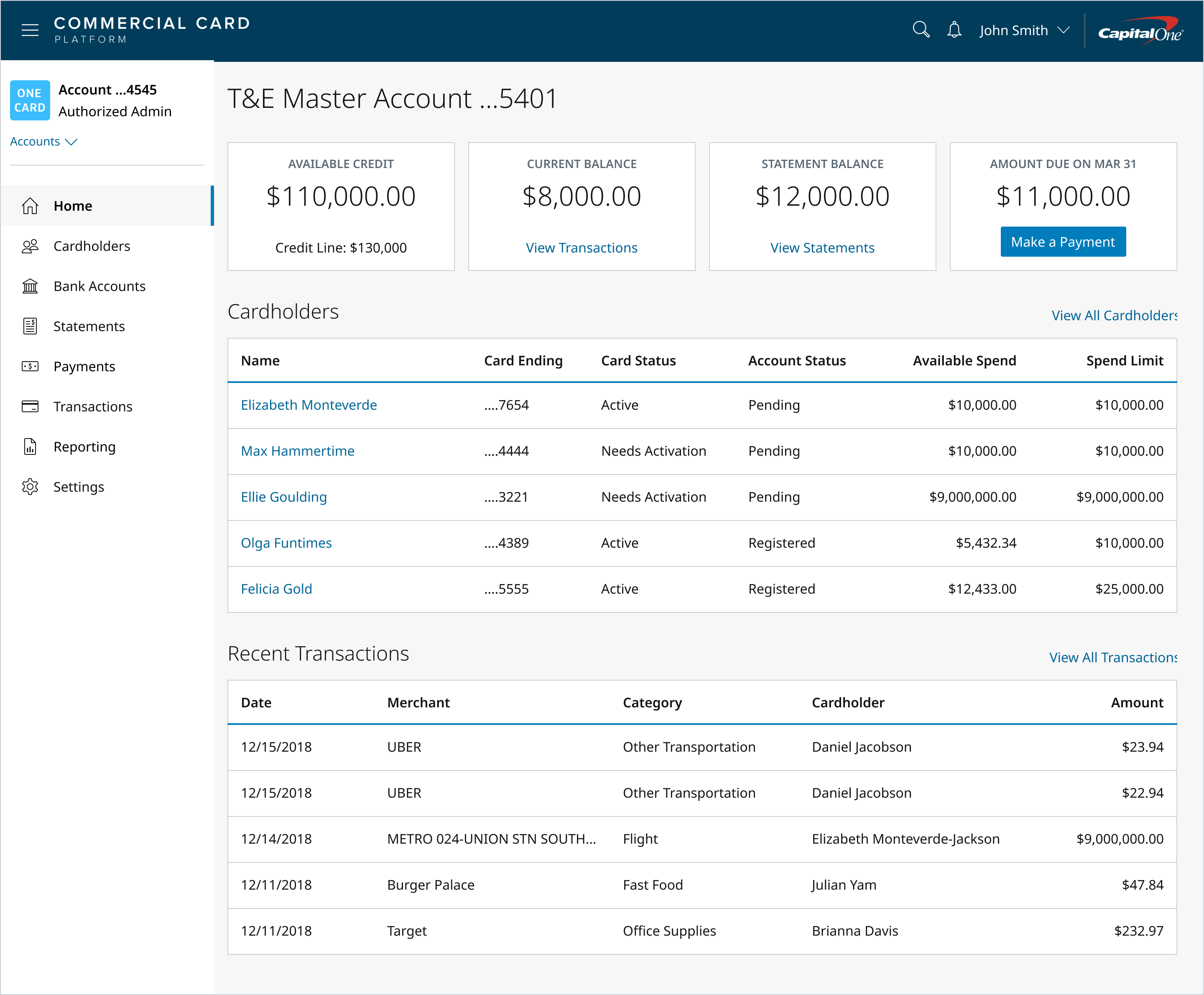 Commercial Card Platform home dashboard