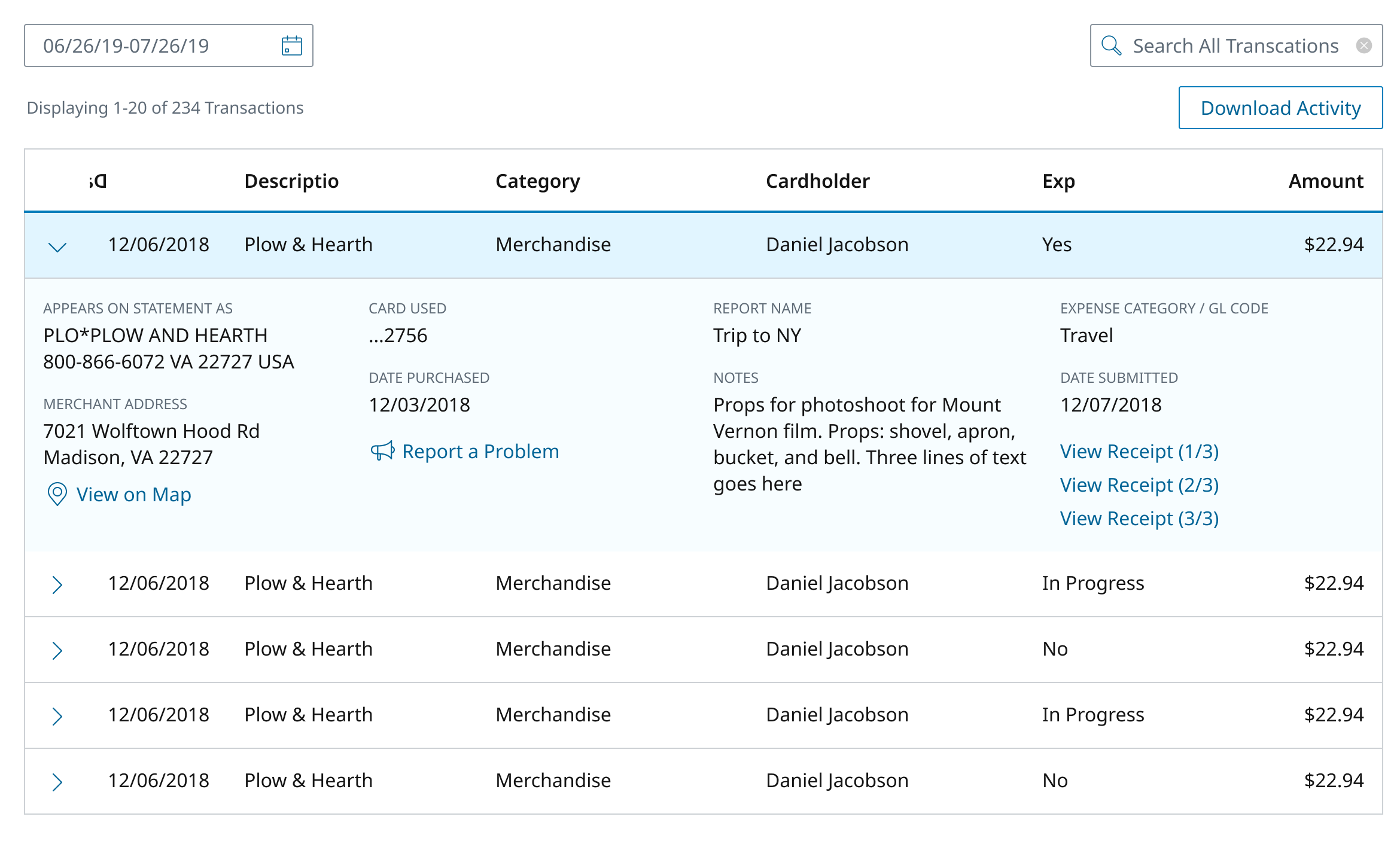 Previous transaction detail design — cluttered tray with download links