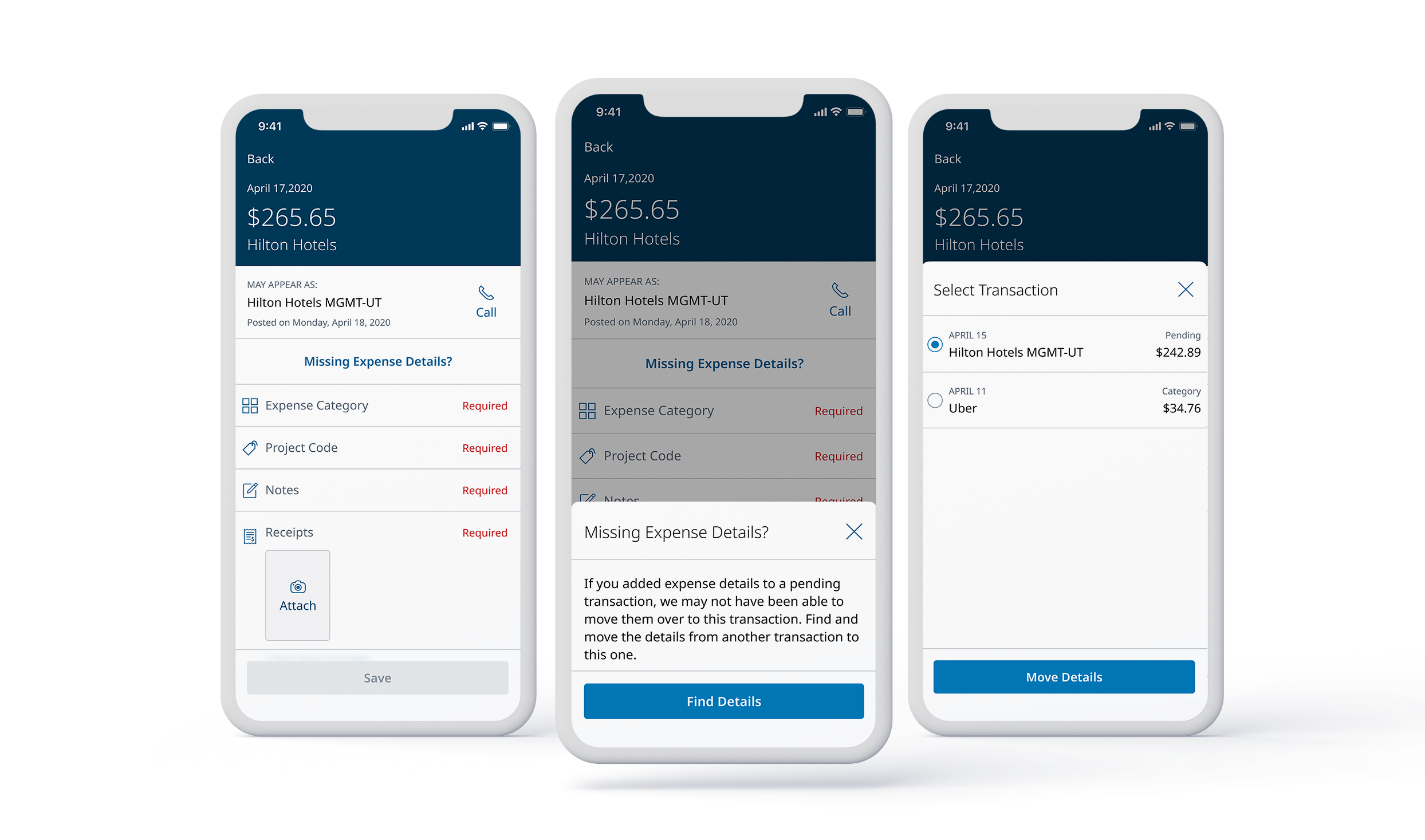 Pull expense details from pending transaction mockup