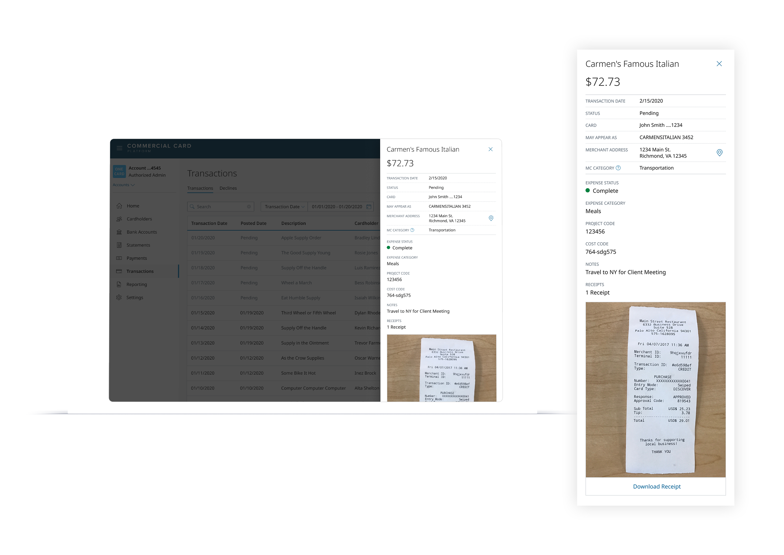 Redesigned expense detail panel with inline receipt display